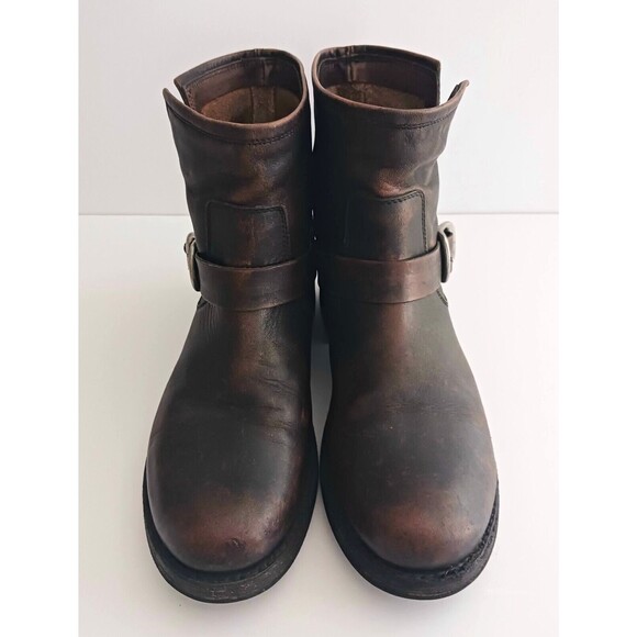 FRYE Veronica Ankle Bootie Dk Brown Distressed Leather Moto Buckle Strap 8.5 - Picture 5 of 14